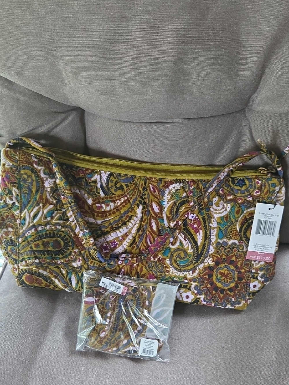 Vera Bradley Olive Multi Paisley Quilted Shoulder Bag with Matching Pouch
